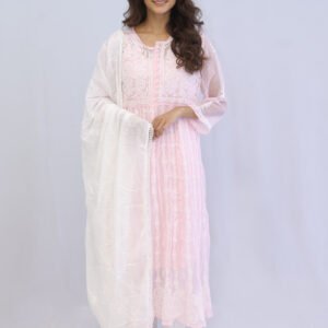 A line Anarkali Chikankari Kurta pant dupatta set