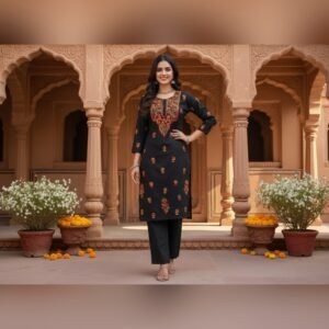 Cotton Black Chikankari hand stitched Kurta pant set